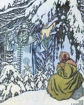 Ivan Bilibin Father Frost and the step-daughter, illustration by Ivan Bilibin from Russian fairy tale Morozko, 1932